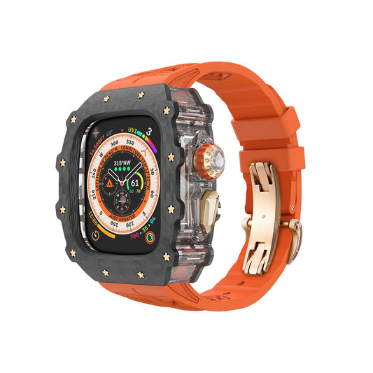 Case Ultra Luxo para Apple Watch Ultra 2 de Fibra de Carbono com Pulseira de Borracha de Fluor 49mm Masculina Capa Protetora Leve de Fibra de Carbono para Apple Watch Ultra 2/ Ultra (Ouro Rosa 49mm)